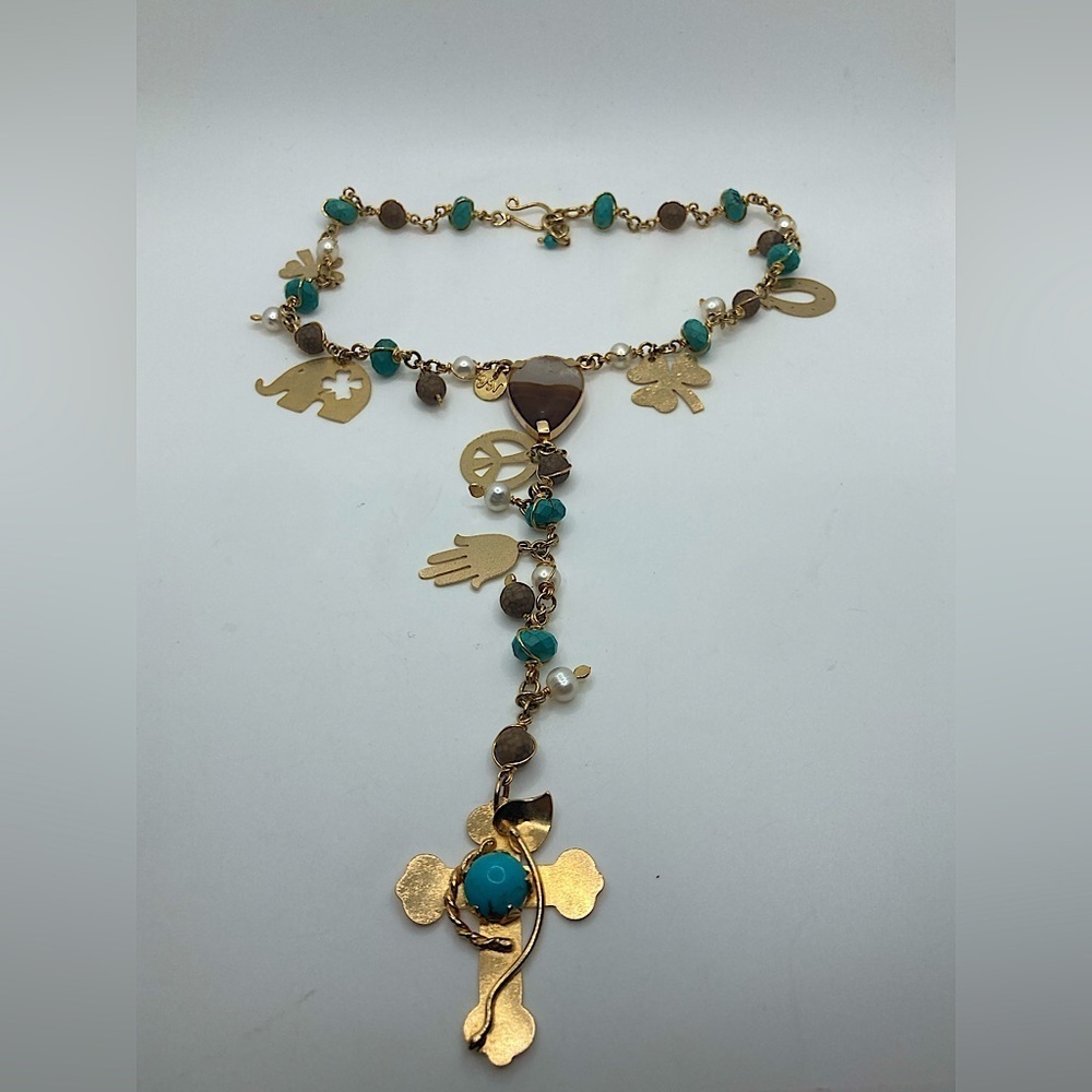 YN Agate Turquoise Pearl Real Gemstone Gold Tone Necklace 16” + 8” Drop